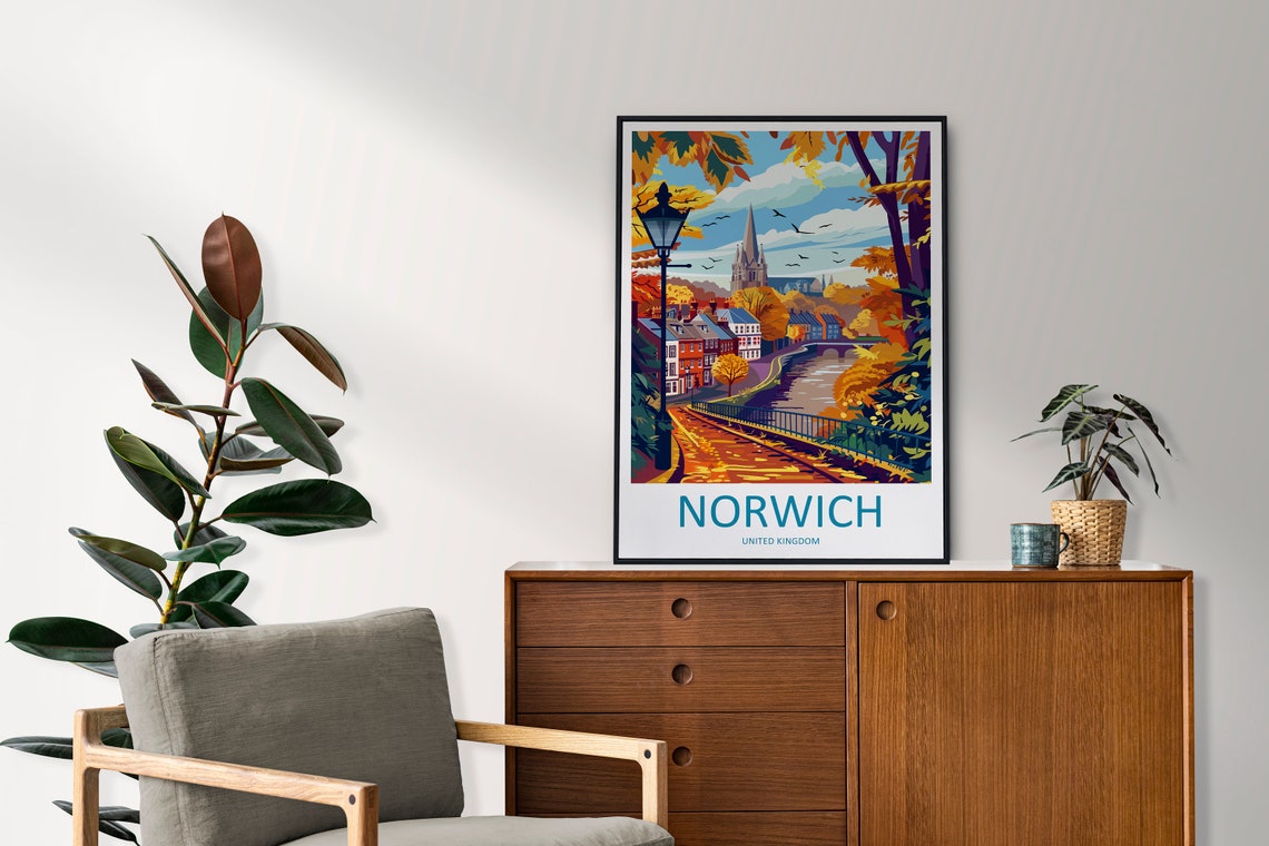 Norwich England Autumn Riverside Church Spire Streetscape Poster - Image 2
