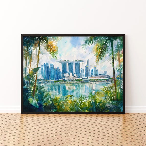 Singapore Watercolor Poster Landscape Wall Art Hanging Home Dcor Gift Lovers