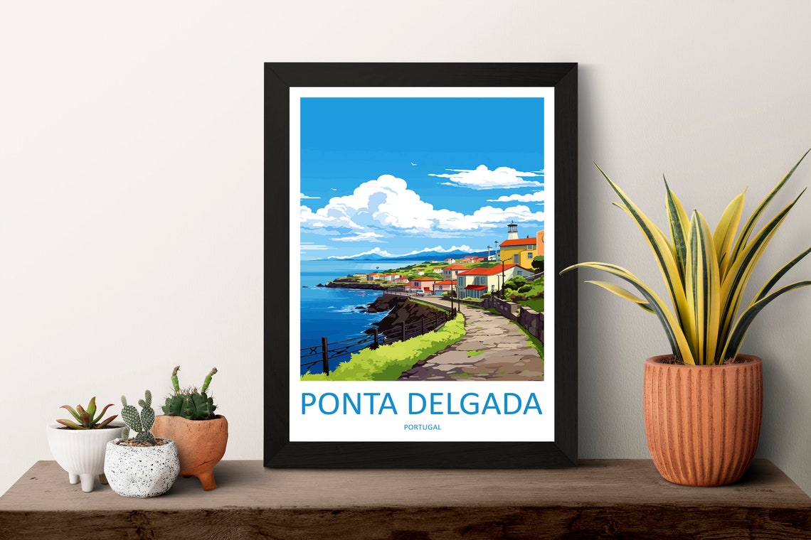 Ponta Delgada Portugal Azores Coastal Cliffs Lighthouse Travel Poster - Image 3
