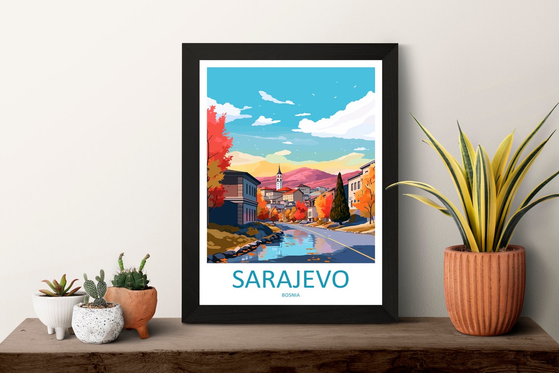 Sarajevo Bosnia Autumn Riverside Street Vintage Travel Poster - Image 3