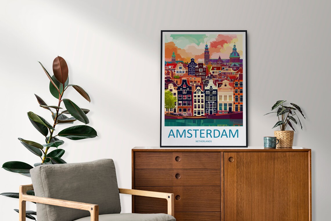 Amsterdam Netherlands Canal Houses Sunset Skyline Travel Poster - Image 2