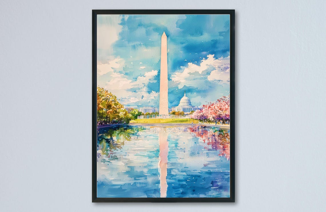 Washington DC Monument Capitol Cherry Blossom Watercolor Poster