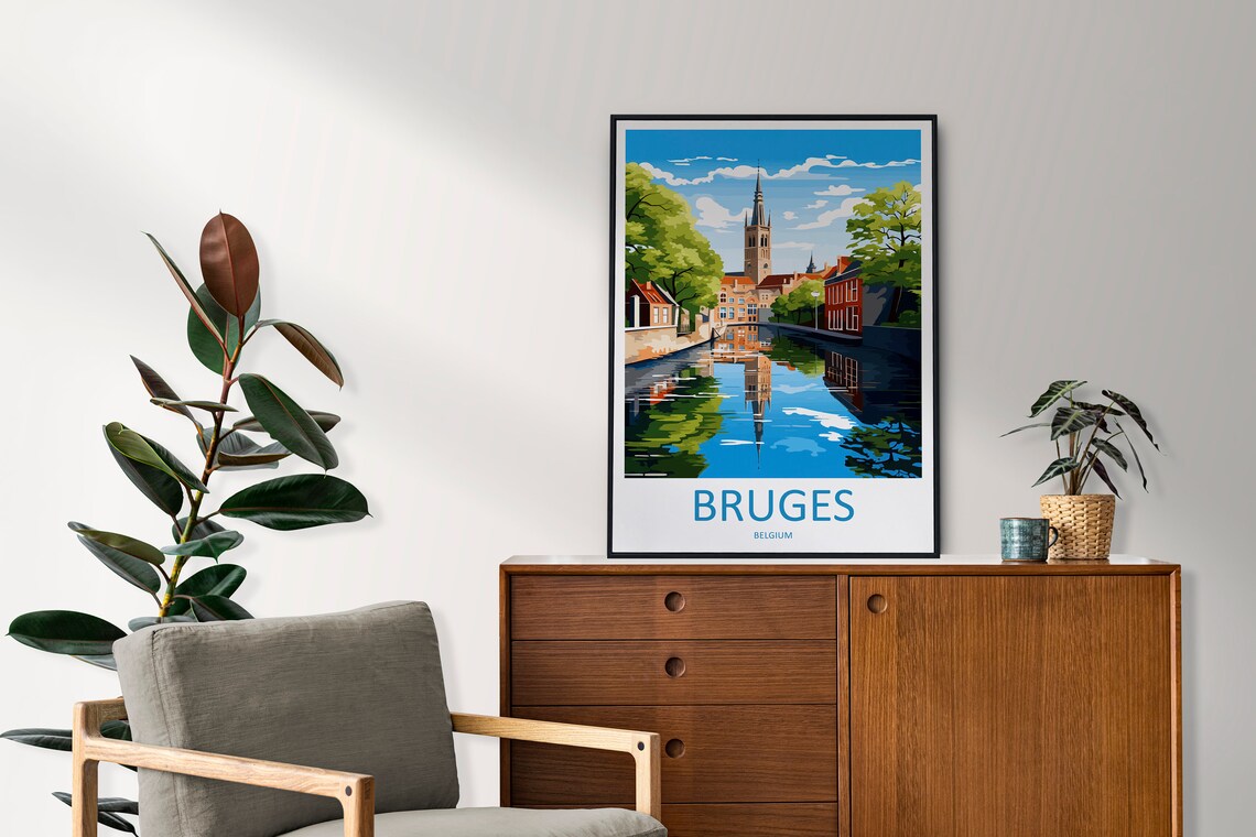 Bruges Belgium Canal Church Spire Reflections City Travel Poster - Image 2