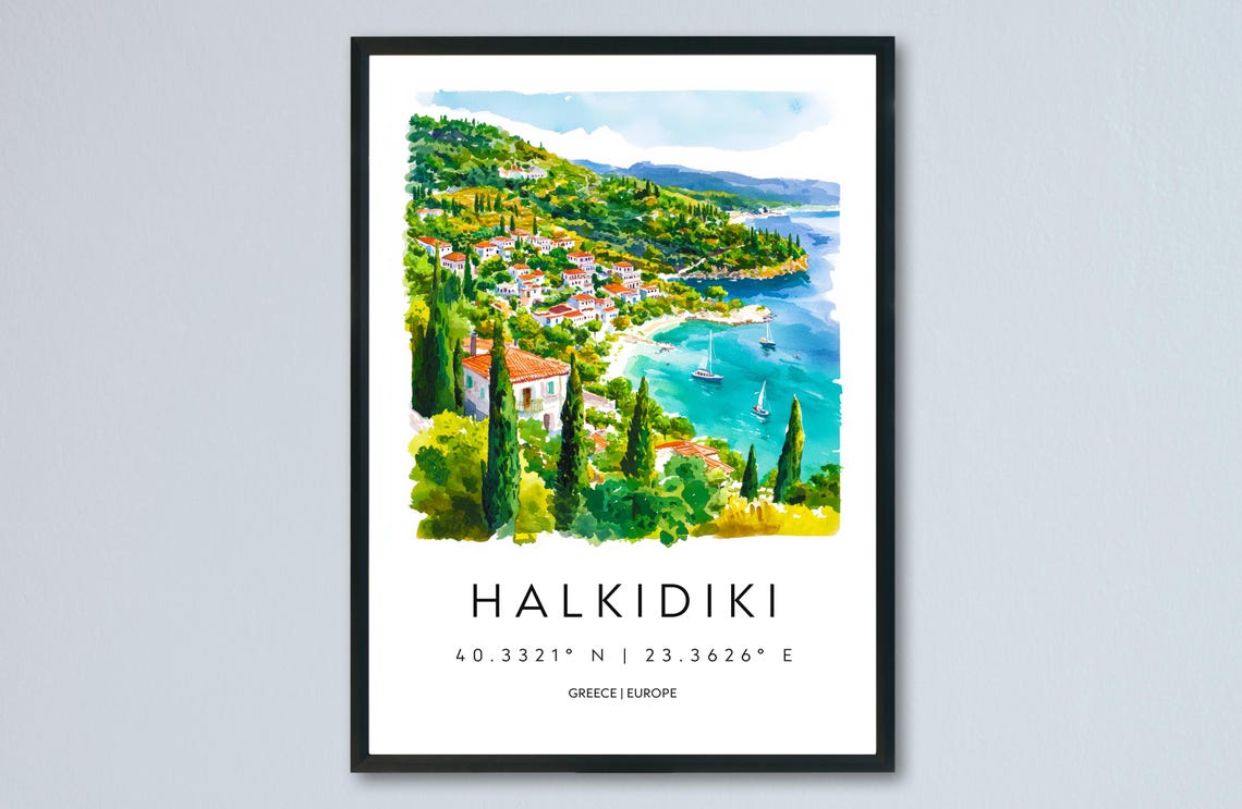 Halkidiki Watercolor Greece Coast Cypress Trees View Travel Poster