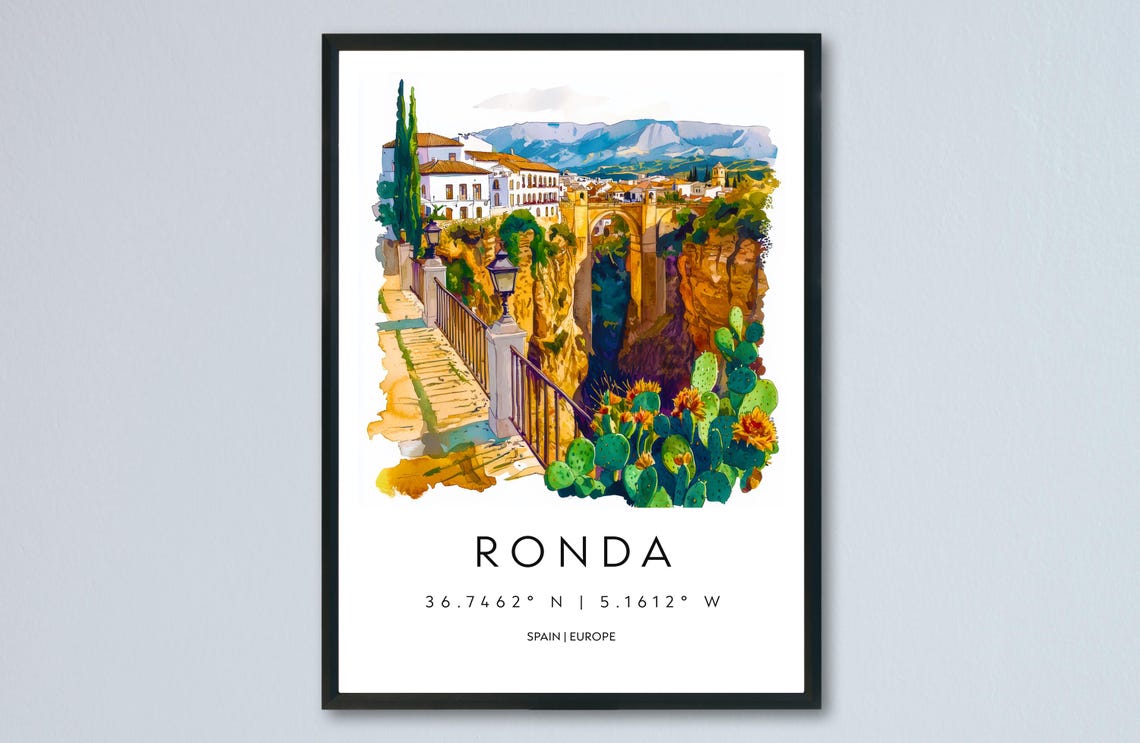 Ronda Spain Dramatic Gorge Bridge Cactus Watercolor Travel Poster
