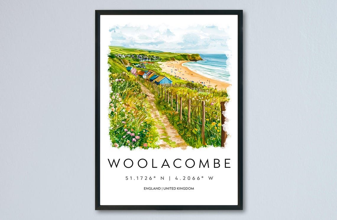 Woolacombe Coastal Path And Beach Watercolor England Travel Poster