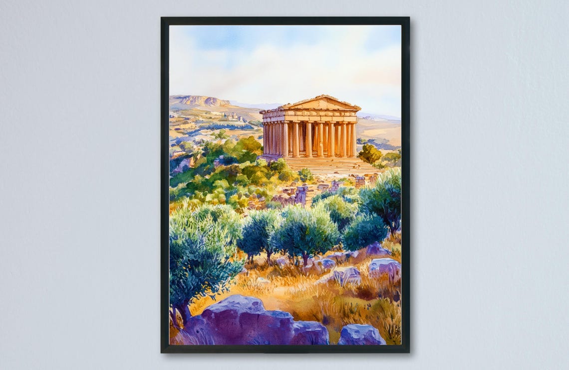 Agrigento Sicily Ancient Greek Temple Olive Trees View Poster