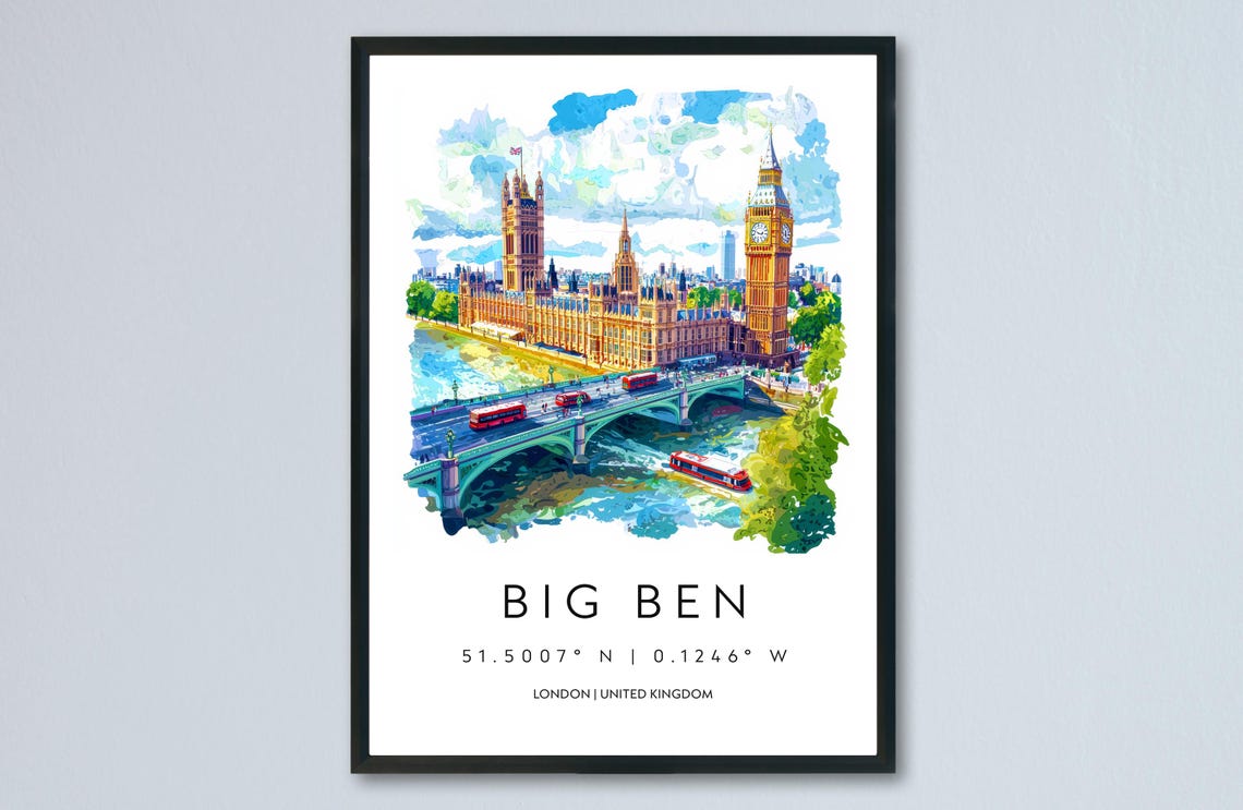 Big Ben Parliament Thames Bridge Red Buses Watercolor Poster