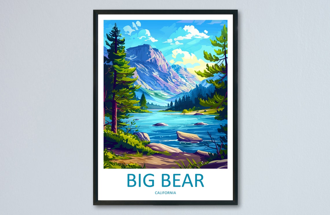 Big Bear Lake Mountain Peak Pine Forest Illustrated Travel Poster
