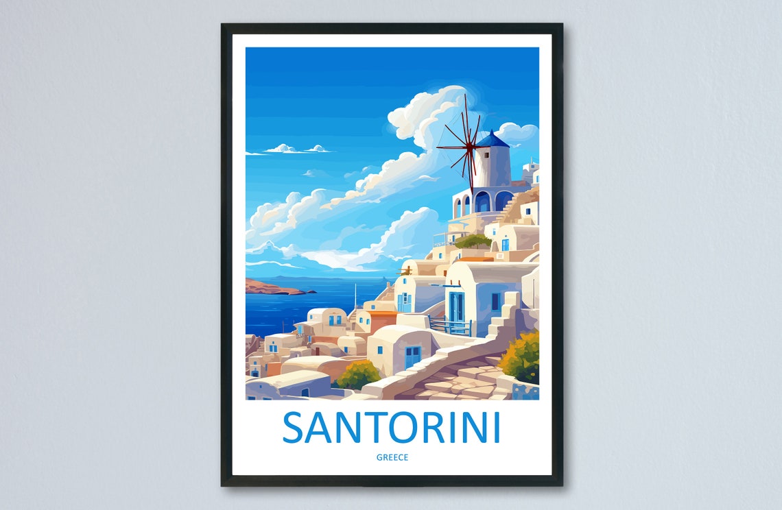 Santorini Whitewashed Village And Windmill Greece Travel Poster