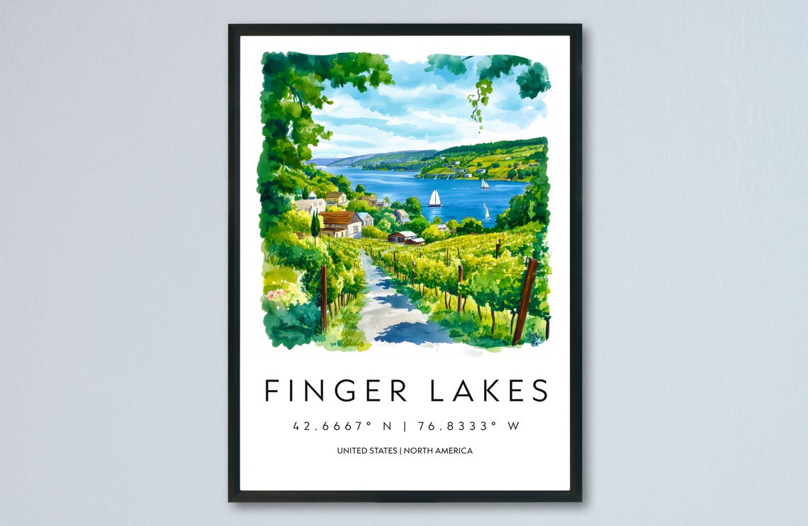 Finger Lakes New York Vineyard Wine Country Watercolor Poster