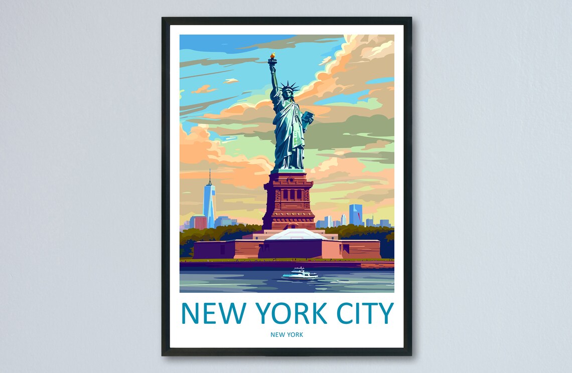 New York City Statue Of Liberty Sunset Skyline Vintage Travel Poster