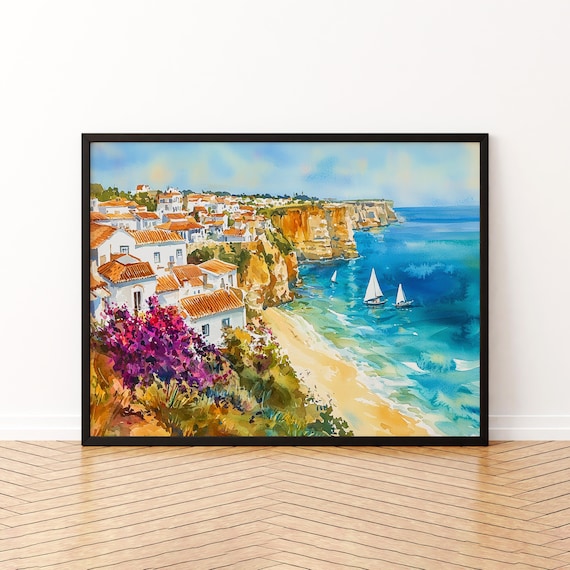 Lagos Portugal Watercolor Poster Cliffside Village With Turquoise Sea Sailboats
