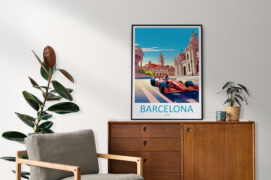 Barcelona Spain Race Car Speeding Through the City Streets Poster - Image 2
