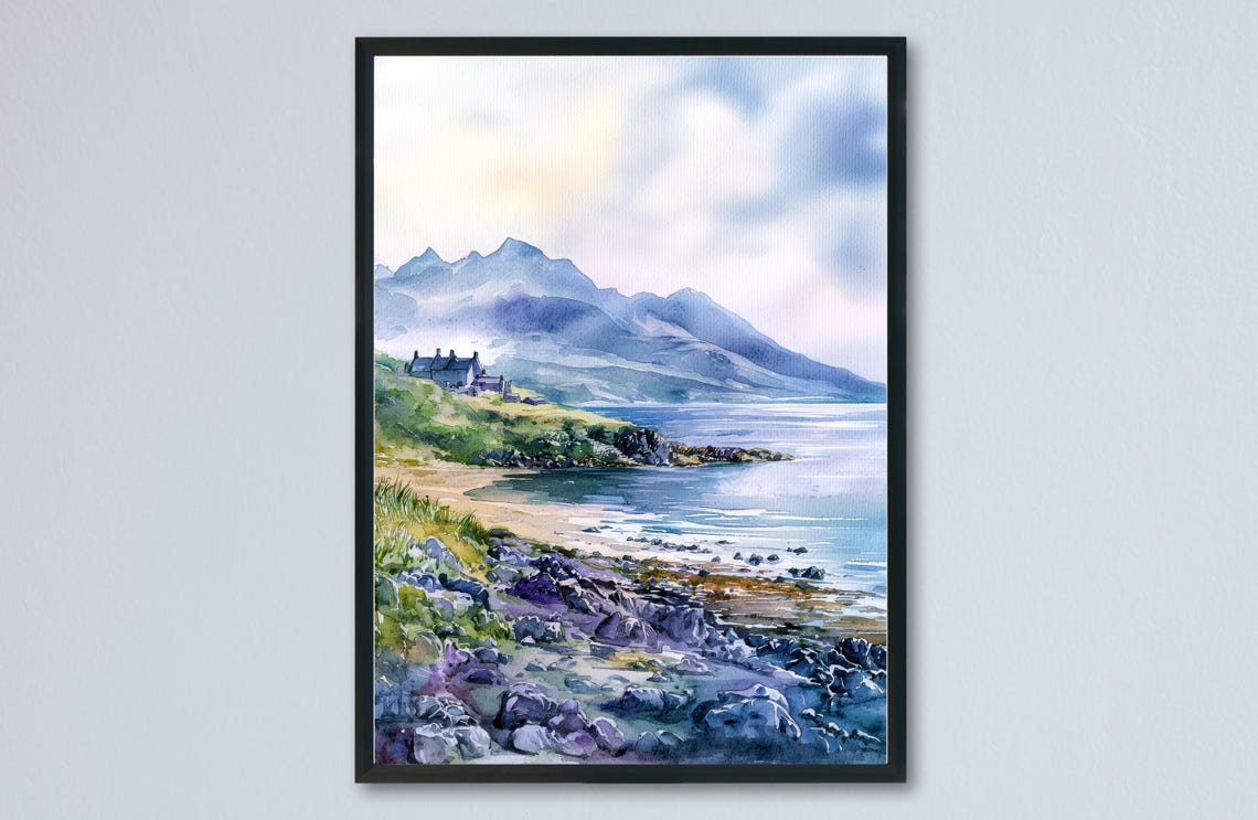 Isle Of Arran Scotland Beach Mountains Watercolor Travel Poster