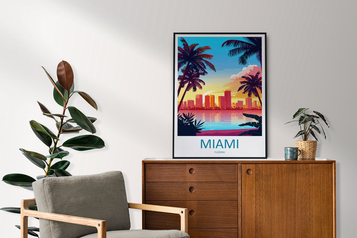 Miami Skyline Sunset Palm Trees Florida Beach Ocean Travel Poster - Image 2