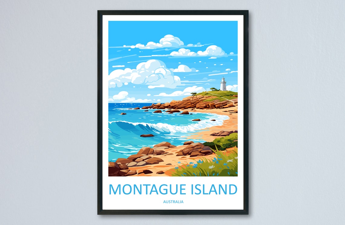 Montague Island Australia Lighthouse Rocky Coast Day Travel Poster