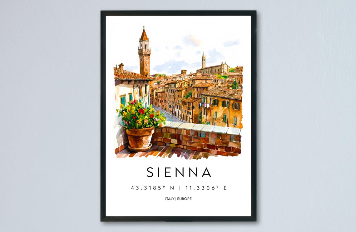 Siena Italy Medieval Towers Tuscan Old Town Street Watercolor Poster