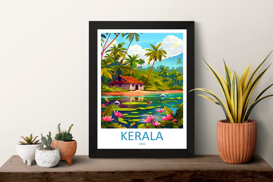 Kerala India Backwater Palm House Water Lilies Travel Poster - Image 3