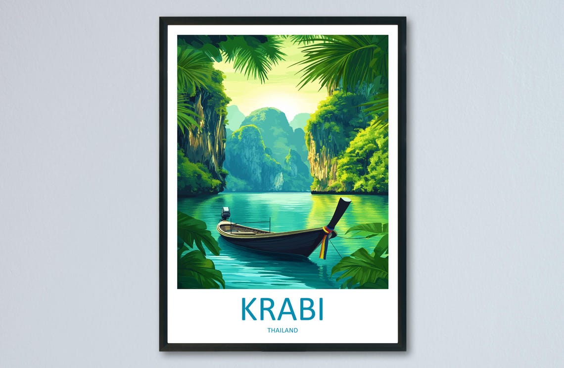 Krabi Thailand Longtail Boat Turquoise Lagoon Cliffs Travel Poster