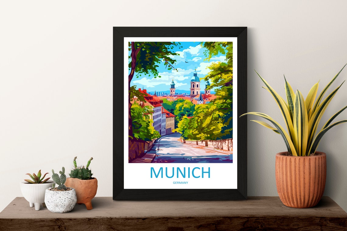 Munich Germany Leafy Old Town Street with Church Towers Poster - Image 3
