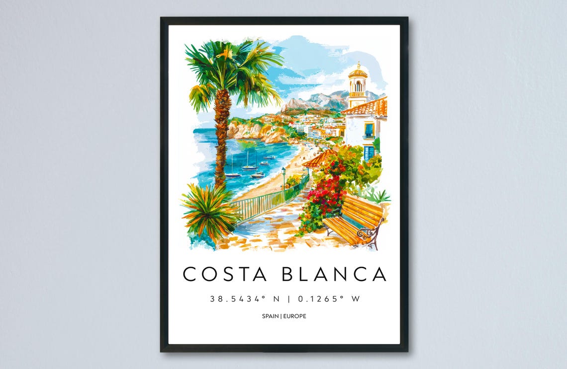 Costa Blanca Watercolor Spain Beach Cove Palm View Travel Poster