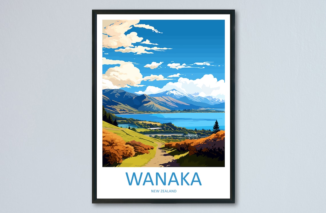 Wanaka Lake Golden Trail Southern Alps New Zealand Travel Poster