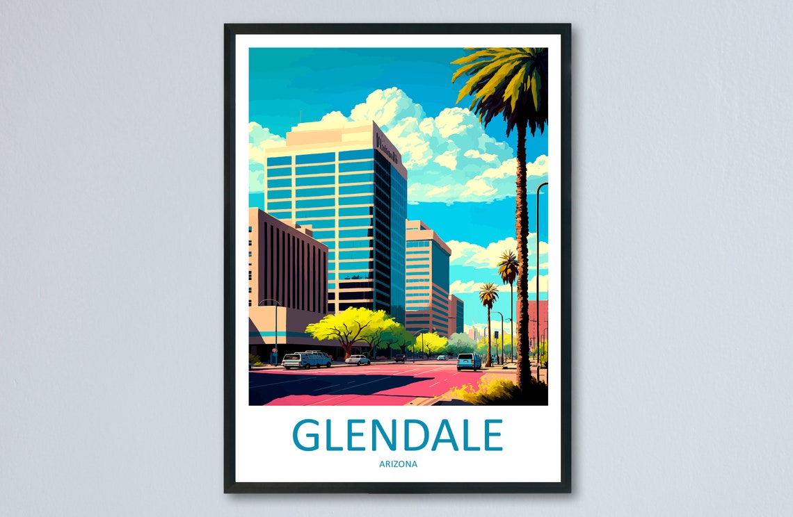 Glendale Arizona Downtown Street Palm Trees Illustration Poster