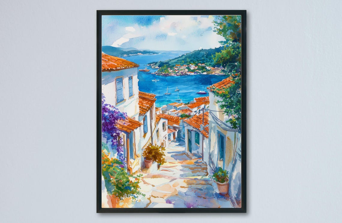 Skiathos Watercolor Travel Poster, Greece Island Decor