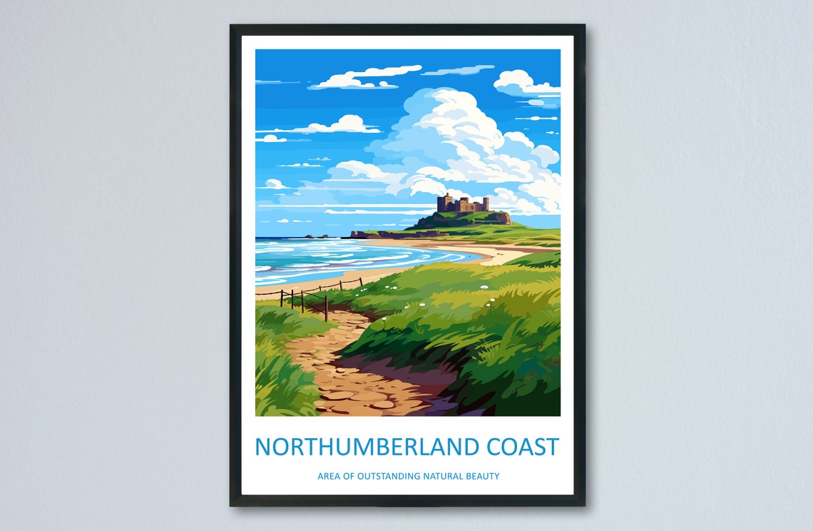 Northumberland Coast Sandy Beach Dunes and a Headland Castle Poster