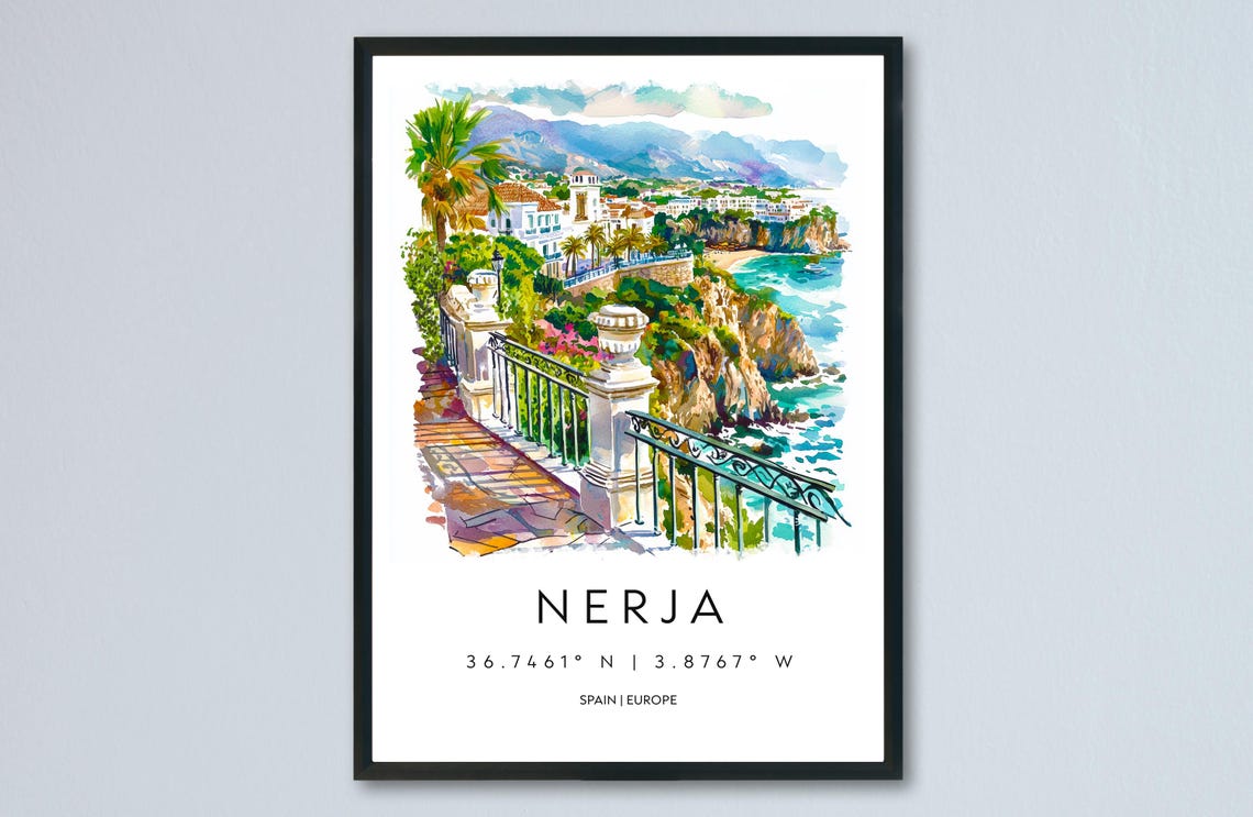 Nerja Watercolor Travel Poster, Spain Coastal Town