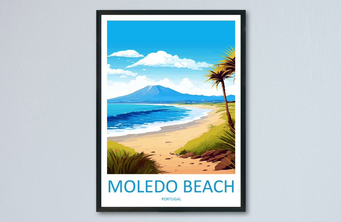 Moledo Beach Portugal Surf Palms Mountain Coast Travel Poster Art