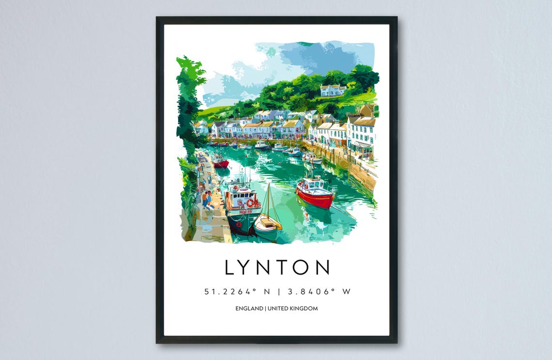 Lynton Devon Harbour Fishing Boats Seaside Village Watercolor Poster