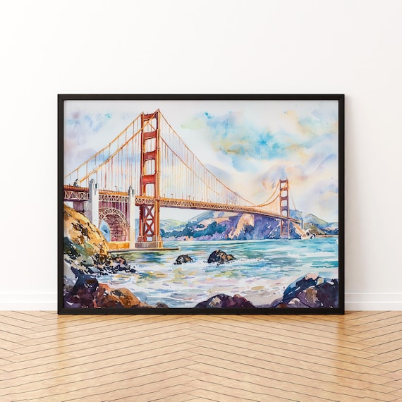 Golden Gate Bridge with Fort Point Arch Bay Watercolor Poster