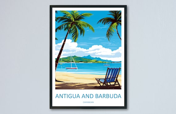 Antigua and Barbuda Caribbean Beach with Palms and Deck Chair Poster