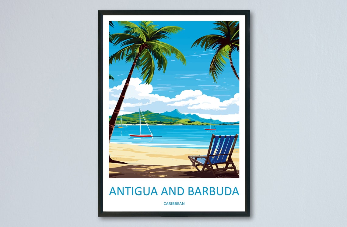 Antigua and Barbuda Caribbean Beach with Palms and Deck Chair Poster