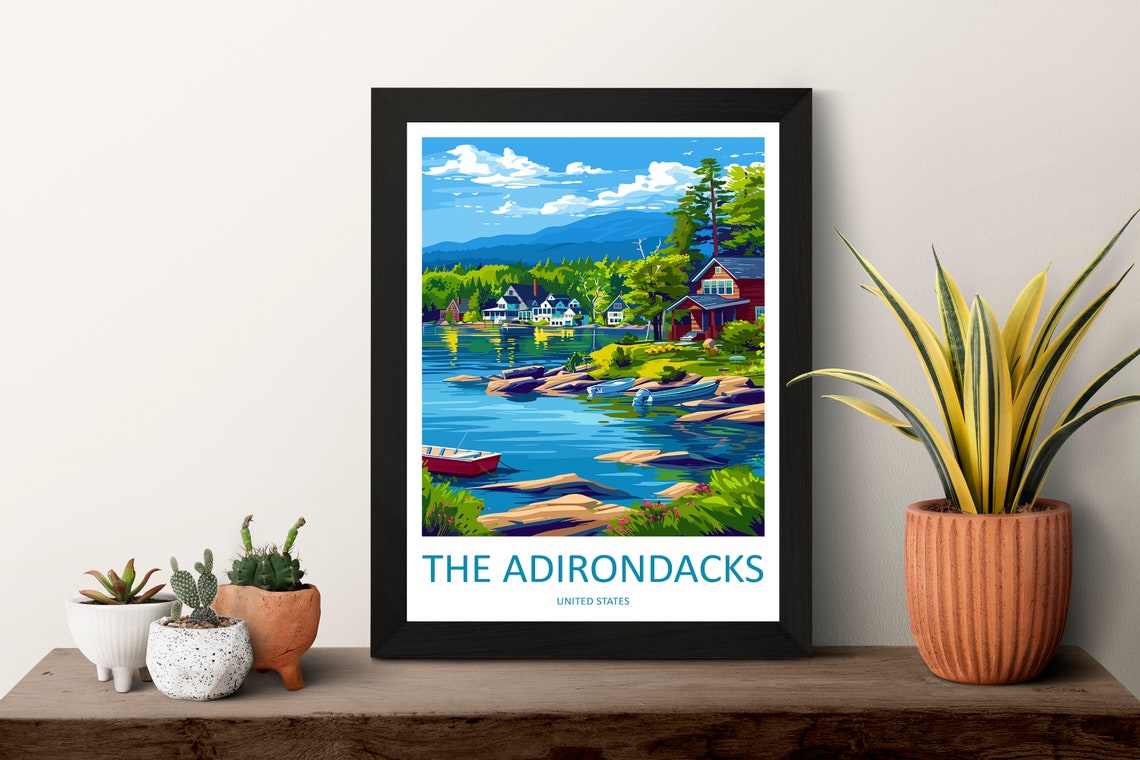 The Adirondacks New York Lakeside Cabins Canoes Travel Poster - Image 3
