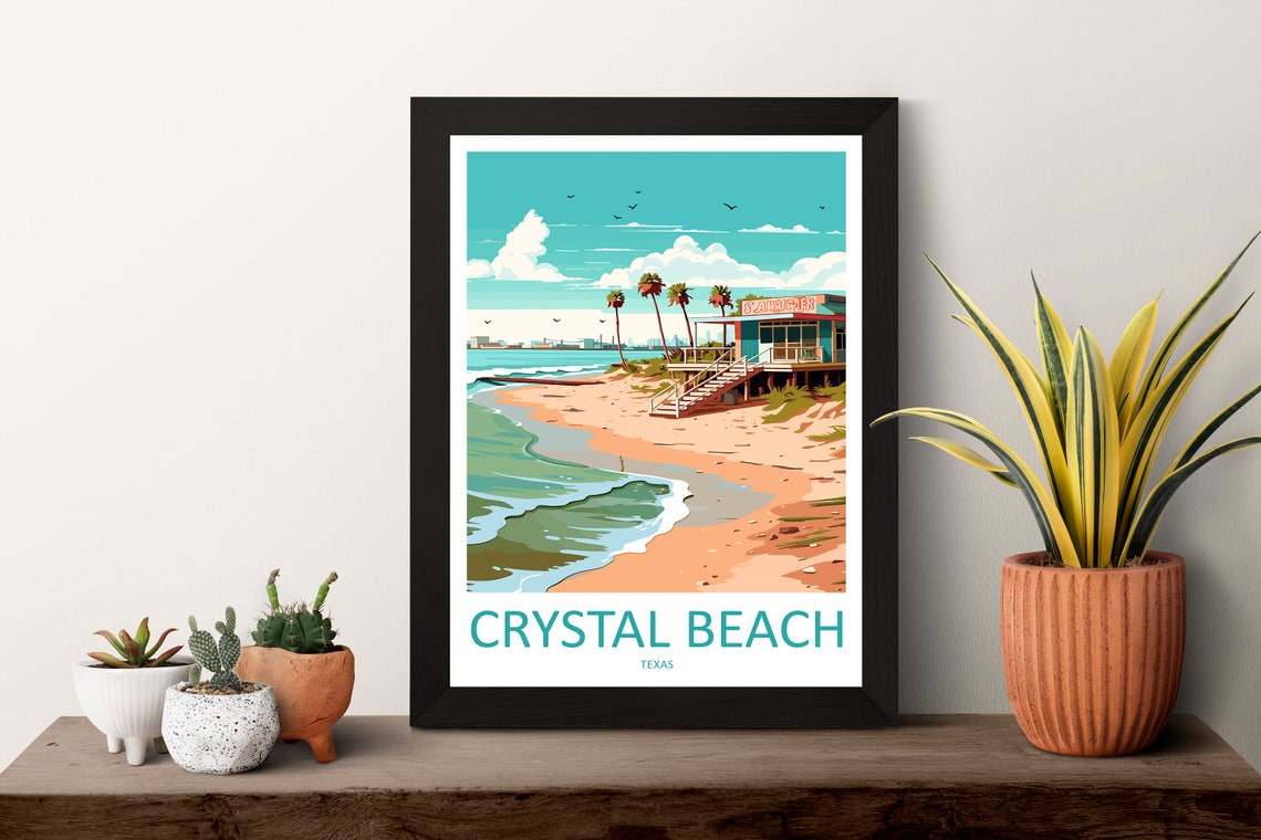 Crystal Beach Texas Seaside Stilt House Illustrated Travel Poster - Image 3