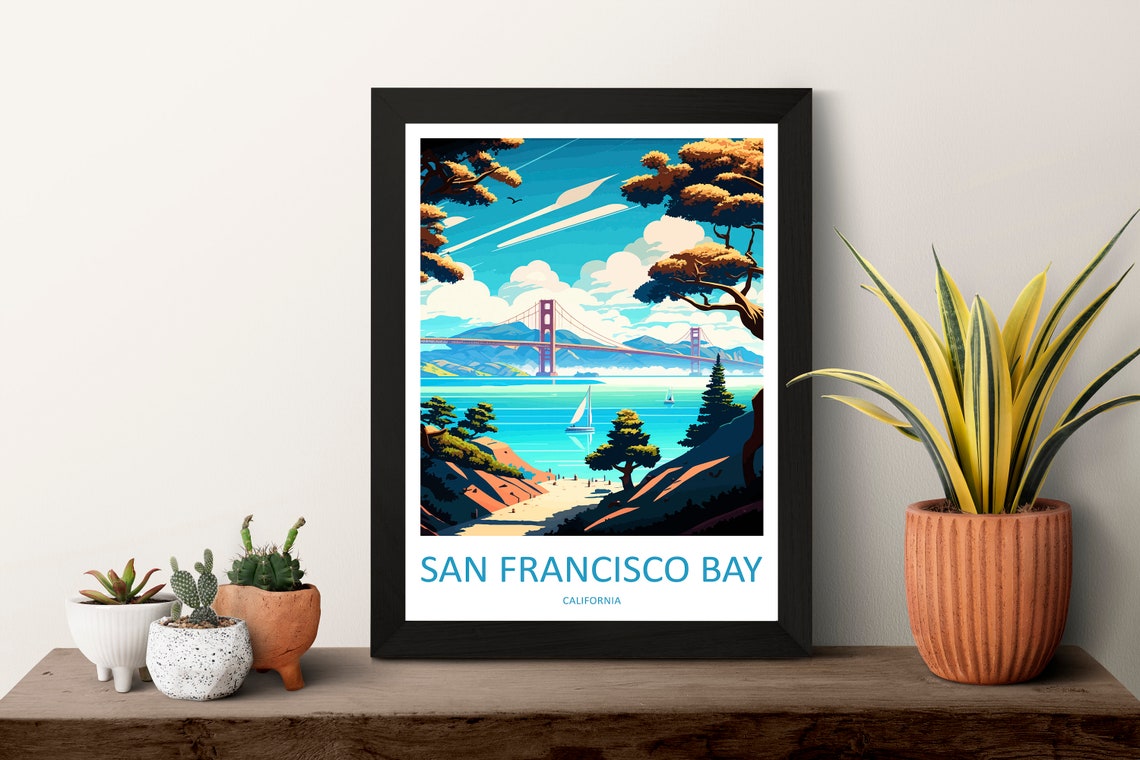 San Francisco Bay Golden Gate Bridge Sailboat Coastline Travel Poster - Image 3