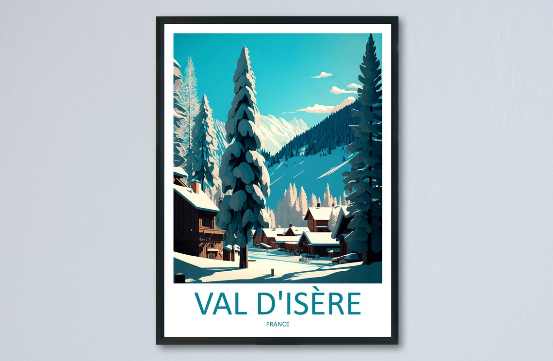Val d'Isere France Alpine Ski Village Winter Illustrated Poster