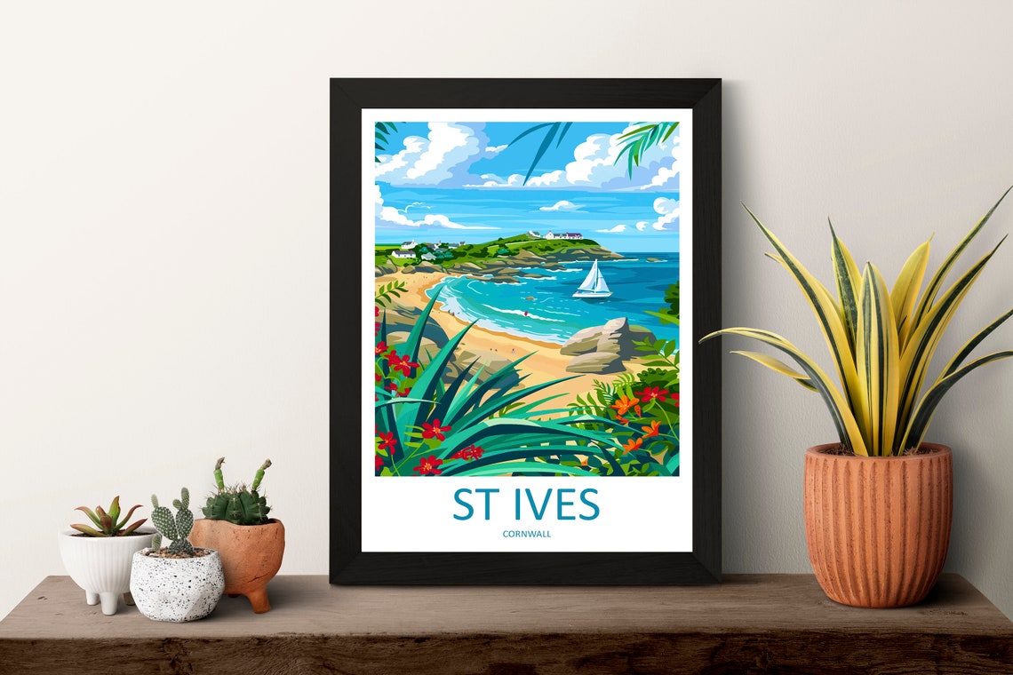 St Ives Cornwall England Beach Sailboat Floral Coastal View Poster - Image 3