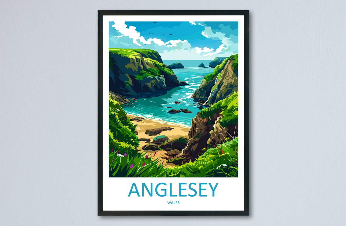 Anglesey Wales Secluded Cove Emerald Rocky Cliffs Travel Poster
