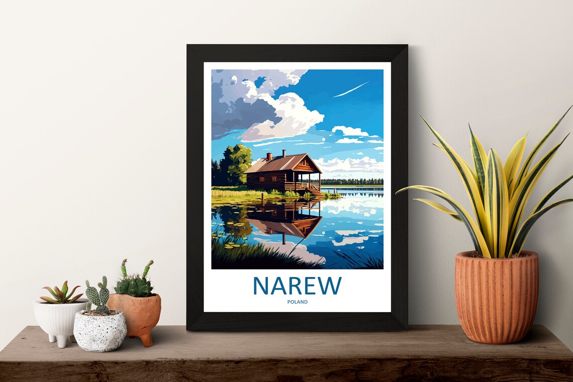 Narew Poland Wooden Cabin Lake Mirror Reflection Retro Travel Poster - Image 3