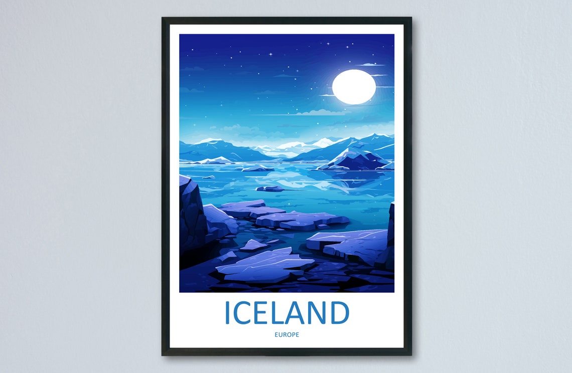 Iceland Glacier Lagoon Moonlit Night Winter Landscape Poster
