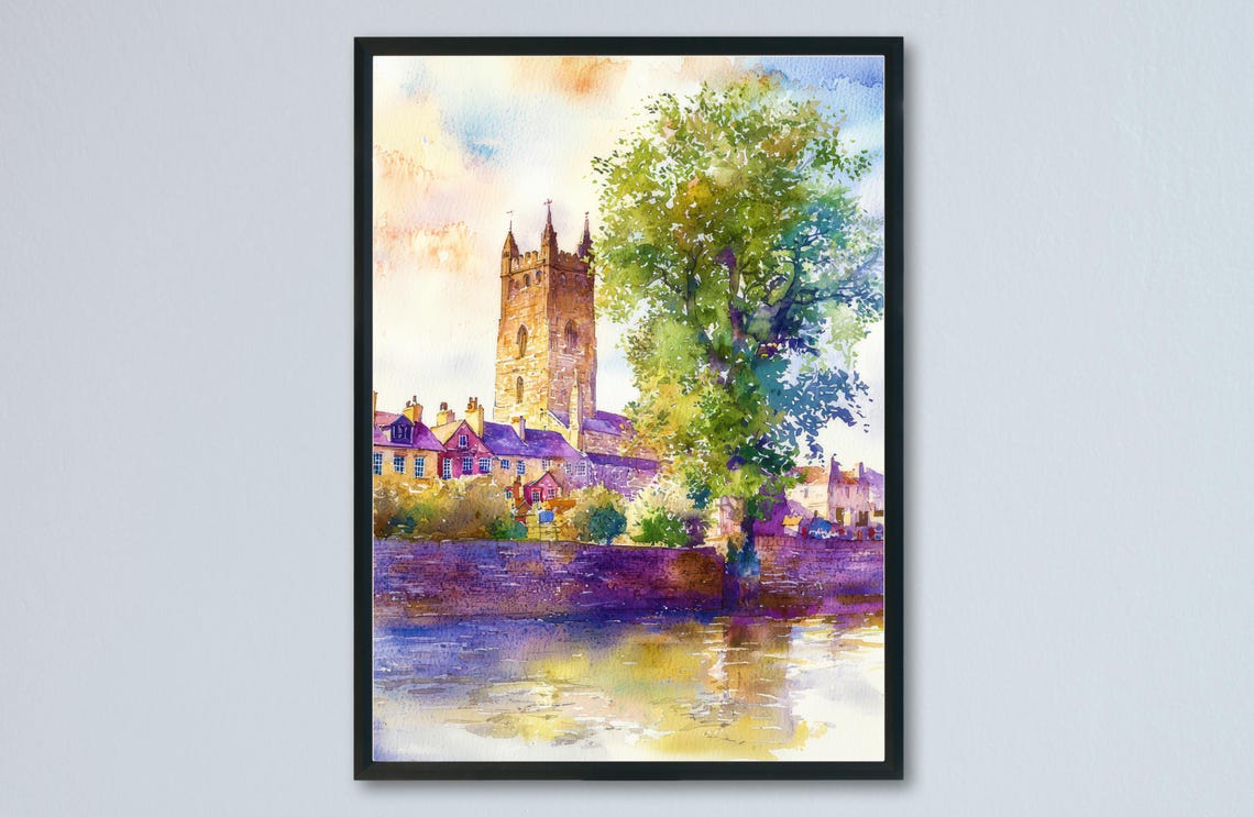Limerick Church Tower Riverside Sunset Watercolor Travel Poster