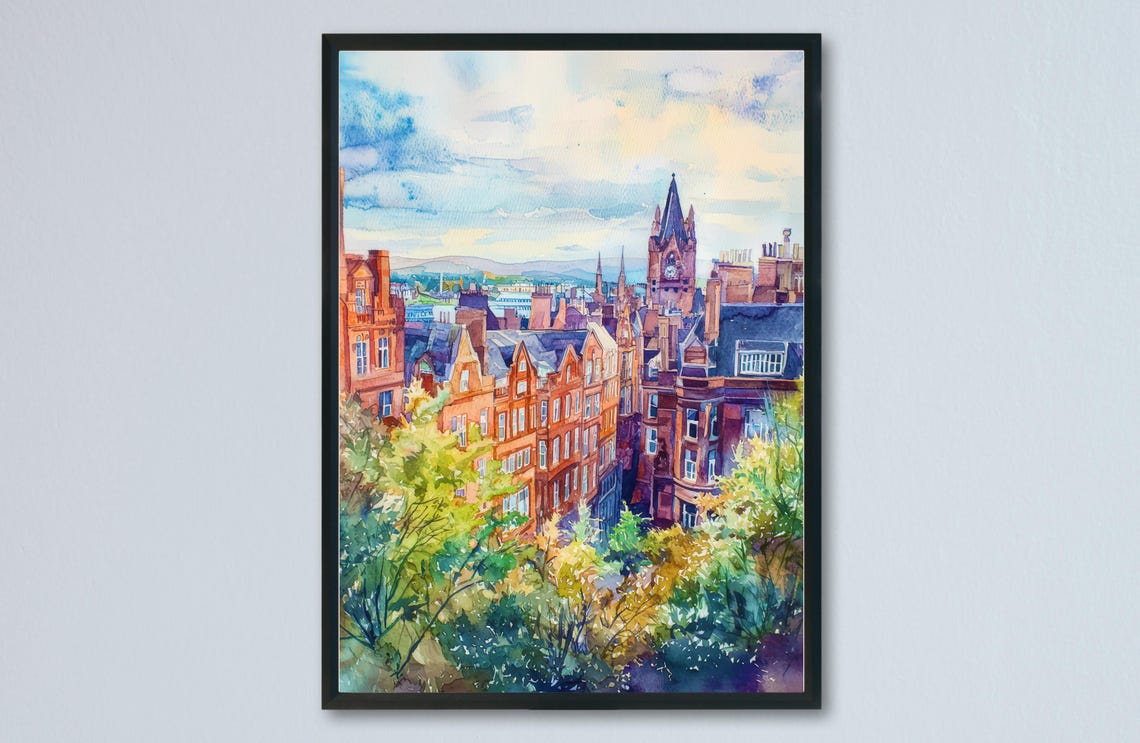 Glasgow Red Sandstone Rooftops Watercolor Scotland City Skyline Poster