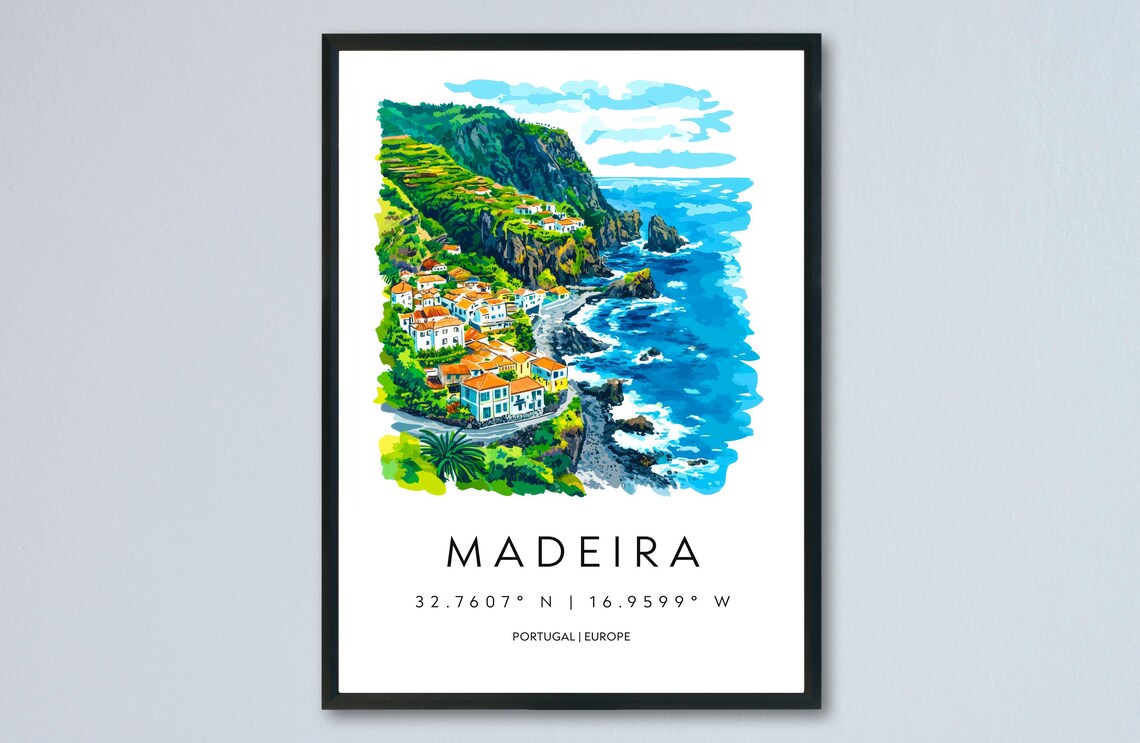 Madeira Portugal Cliffside Village Watercolor Island Travel Poster