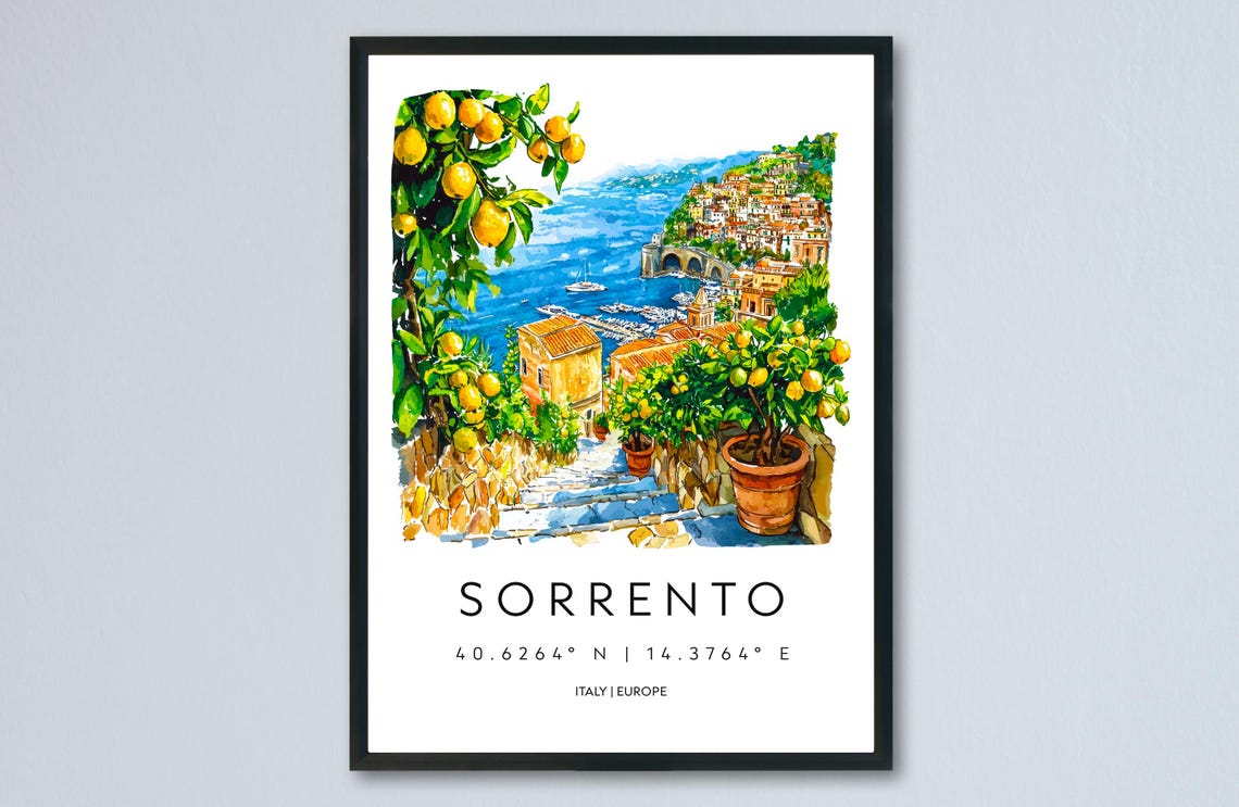 Sorrento Watercolor Travel Poster, Italy Coast