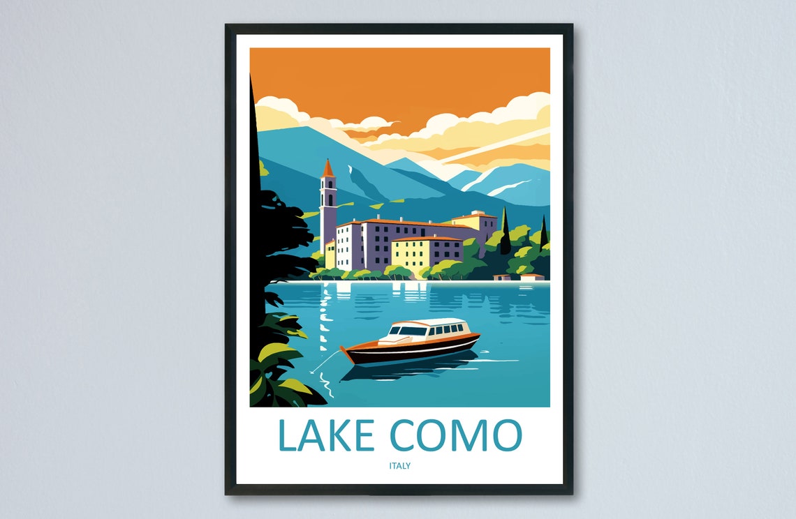 Lake Como Italy Lakeside Village Sunset Boat Romantic Travel Poster