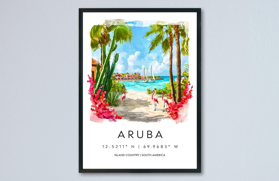 Aruba Flamingos Palm Beach Sailboats Watercolor Caribbean Travel Poster